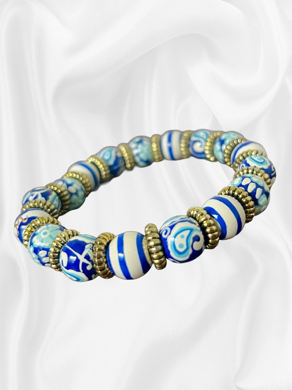 EUC Angela Moore Vintage Blue Coastal Hand-Painted Stretch Bracelet - Picture 3 of 12